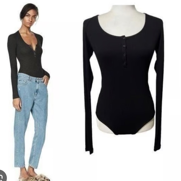 ALIX NYC Ribbed Knit Henley Fitted Bodysuit Black Size Medium - Picture 1 of 3